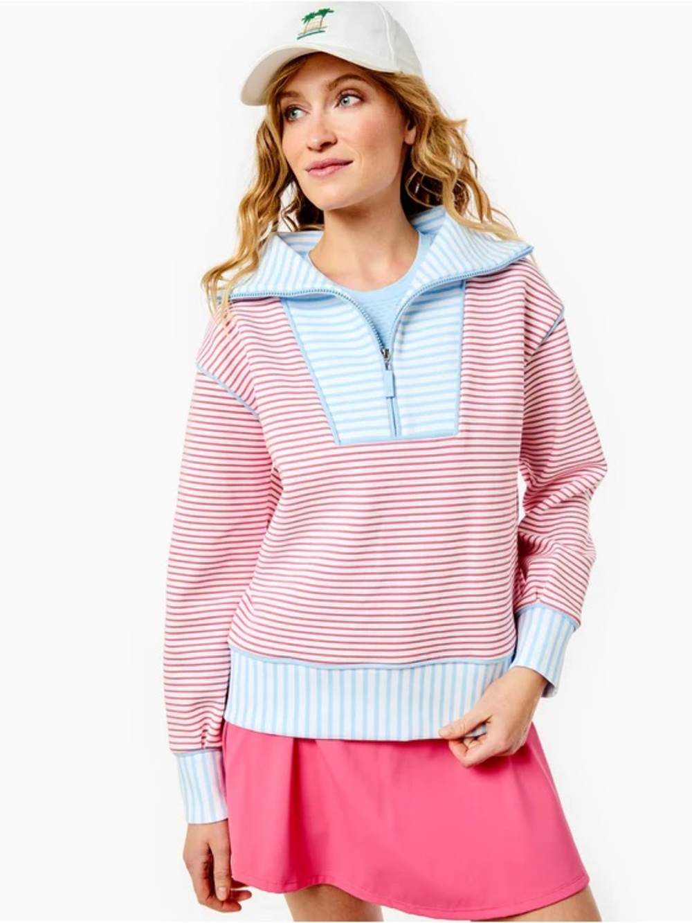 NWT Addison Bay Polished Double Knit Alley Quarter Zip 
GUAVA/BABY BLUE STRIPE